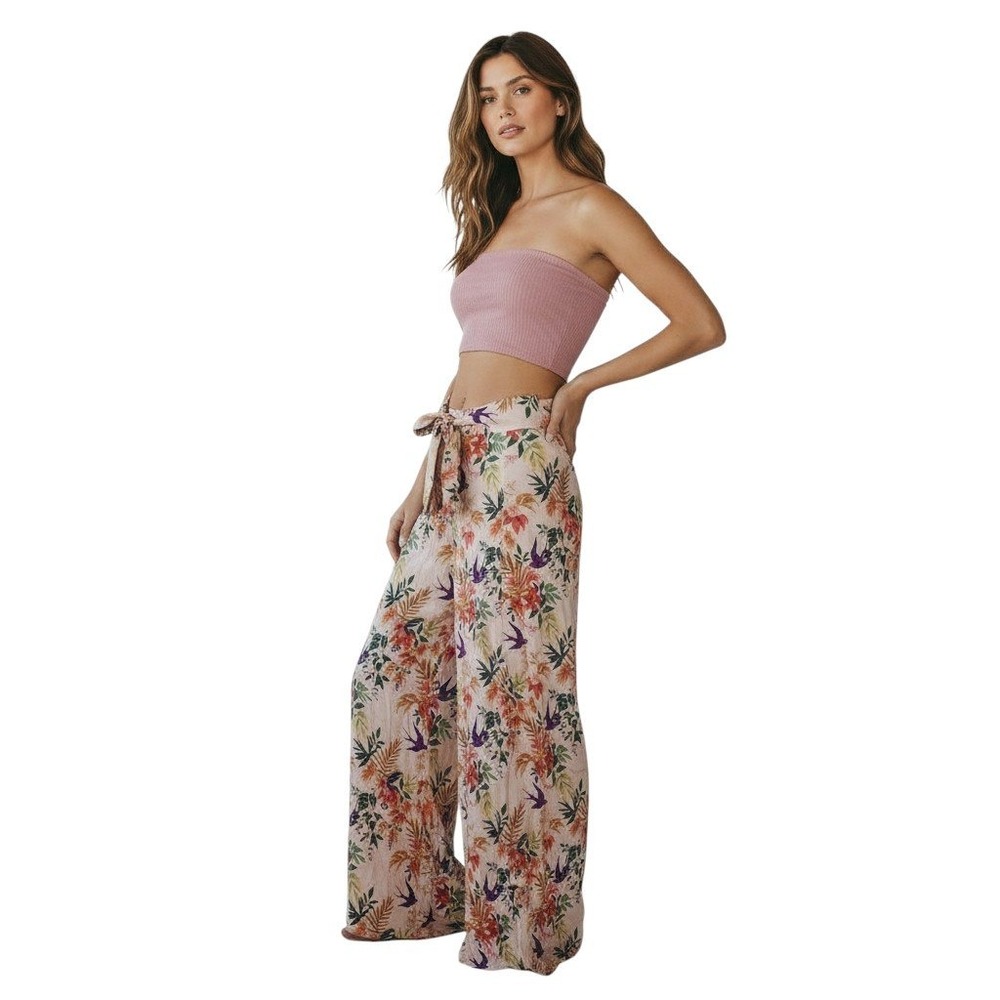 SHORE Pink Tube Top Tropical Palazzo Pants SET  X-Small Resortwear NWT $256‎